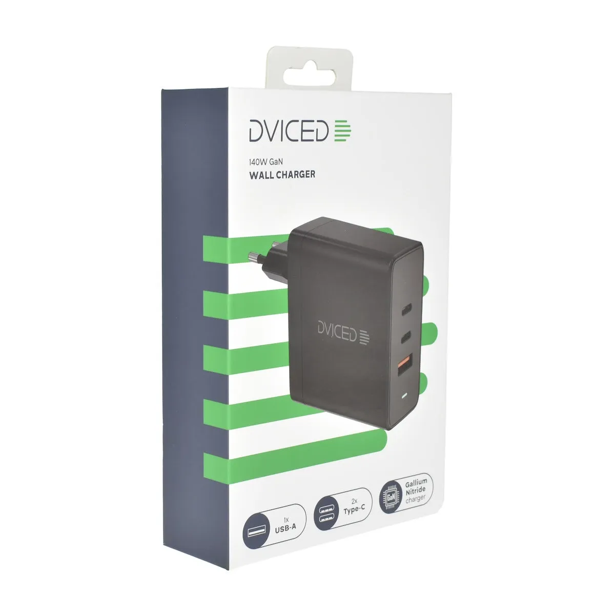 Dviced zidni punjač 140 W GaN (2x USB-C, 1x USB-A) - crni — Dviced zidni punjač 140 W GaN (2x USB-C, 1x USB-A) - crni