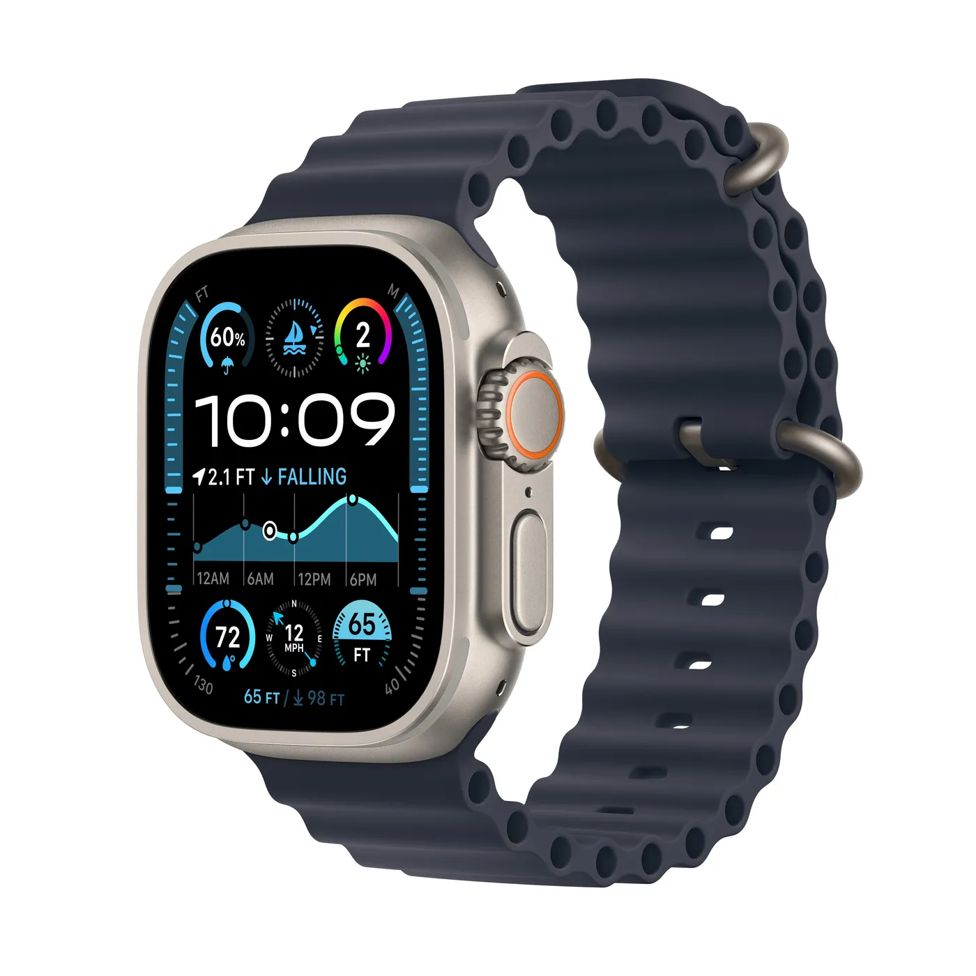 2024 Apple Watch Ultra 2 Ocean Band — Titane naturel · Bleu marine